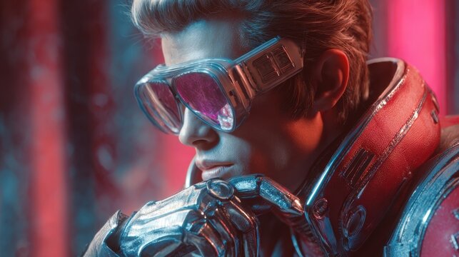 Portrait of a futuristic warrior wearing metallic armor and neon goggles under dramatic lighting