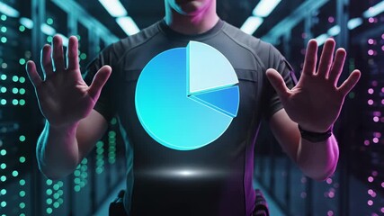 Business professional interacts with holographic pie chart visualization. Data analytics interface displays segmented statistics and metrics. Futuristic digital dashboard presents financial - Powered by Adobe