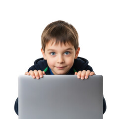 Young boy peeking over a laptop computer isolated on transparent background
