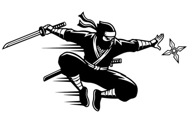 Monochrome Ninja Attack with Katana and Shuriken