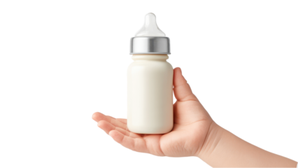 Baby Bottle in Hand - Infant Feeding and Care Concept on White