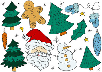 Set of winter illustrations in hand drawing style