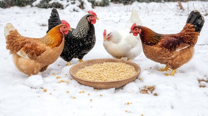 Chickens enjoying grain from a bowl on a snowy winter farm, showcasing free-range living and the beauty of nature's bounty