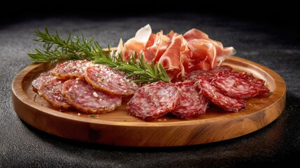 Obraz premium Assorted cured meats served on a wooden platter.