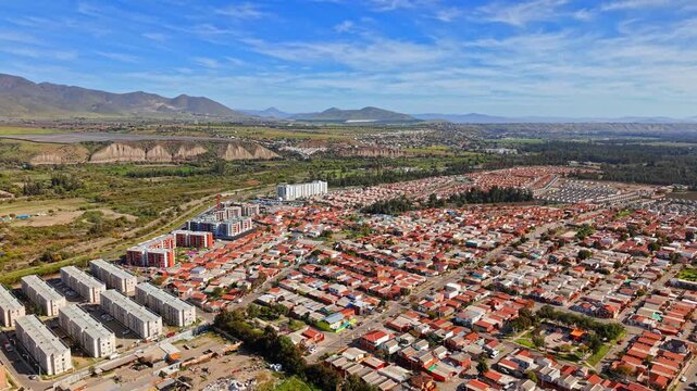 Aerial establishing drone fly at Limari Valley Ovalle Chile, Coquimbo Region, rural cultural historic town