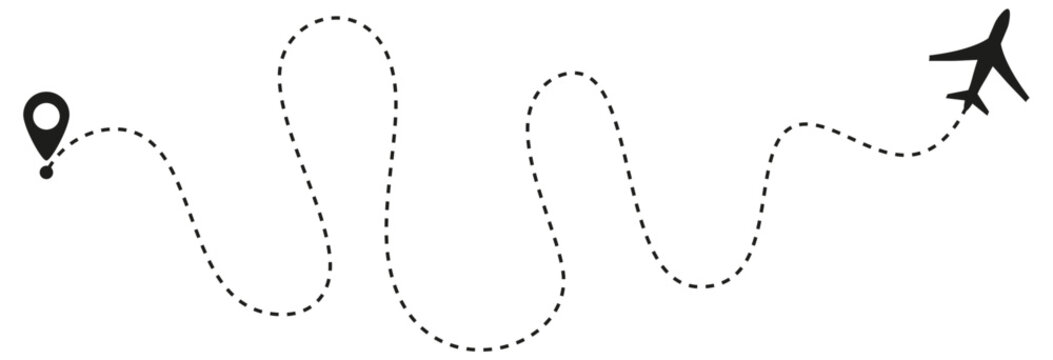 Airplane journey flight trace PNG. Dotted line travel route path vector illustration