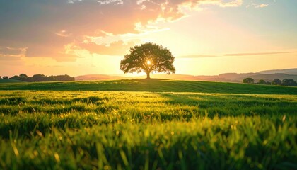 A Single Majestic Oak Tree Bathed in Golden Sunset Light on a Verdant Grassy Hilltop Overlooking Rolling Farmland under a Dramatic Sky