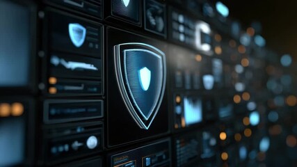 Digital shield icon glowing on futuristic interface showcasing advanced cybersecurity protection, data security, and technology with sleek blue design and network visualization features - Powered by Adobe