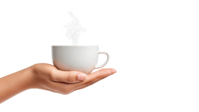 Woman's Hand Holding Steaming Cup of Coffee or Tea on White