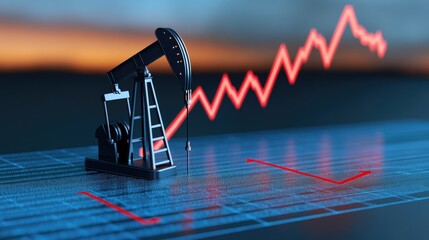 Stock market decline visualized with a red arrow, oil pump, and trading chart against a sunset backdrop