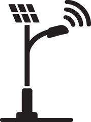 A black and white icon depicting a solar panel on a pole powering a street light with wireless signal waves emanating from it.