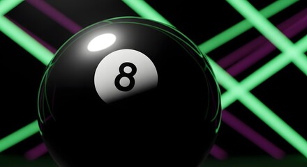 Glossy black eight ball neon lights dark background abstract game luck prediction magic fortune gaming future digital sports