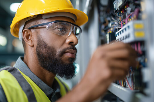 A man in a yellow safety vest is working on a circuit board
