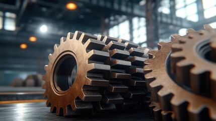 Intricate metal gears stacked in a factory, showcasing engineering precision and heavy industry craftsmanship during a busy workday