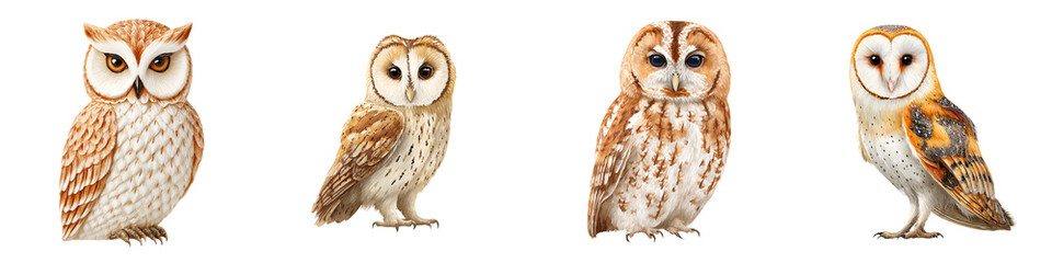 Naklejka premium Watercolor Painting of Four Different Owl Species on White Background