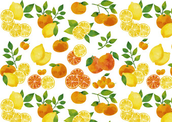 水彩風 冬の柑橘類（レモン・ミカン・デコポン・キンカン）のパターン Winter Fruits Series:Watercolor winter citrus fruits (lemon, mandarin orange, dekopon, kumquat) pattern