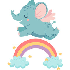 Whimsical illustration of a cute baby elephant with small pink wings flying happily over a pastel rainbow and fluffy clouds with sparkling stars in a bright cheerful scene