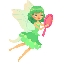 Whimsical Fairy With Green Hair And Wings Holding A Pink Mirror In A Dreamy Fantasy Scene