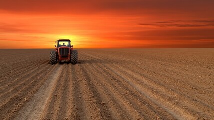 A bulldozer crushes trash bags at a garbage dump under an orange sky during sunset, highlighting the contrast of nature and waste