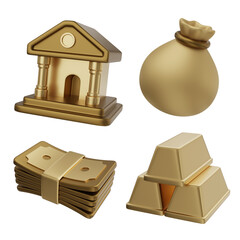 cartoon style gold color finance 3D icon Set