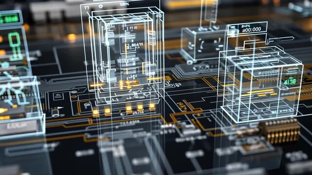 Holographic circuit diagrams floating over a physical breaker panel, used by a high-voltage AR technician.