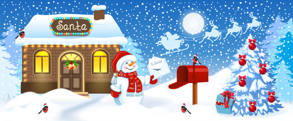 Christmas Snowman and mailbox with Santa letter wishlist and Santa's workshop against winter forest background and Santa Claus in sleigh with reindeer team flying in the moon sky. 