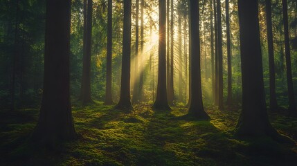 Obraz premium Sunlight streams through the trees in a misty forest, illuminating the green moss on the forest floor.