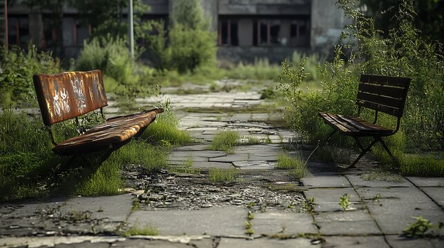 A neglected urban park with weeds growing through the cracked sidewalks and rusted benches