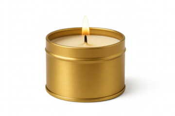 Burning candle in golden tin container on transparent background