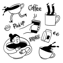 Coffee doodle set. Hand-drawn collection of coffee-related icons, mugs, beans, and lettering. Vector cafe elements.