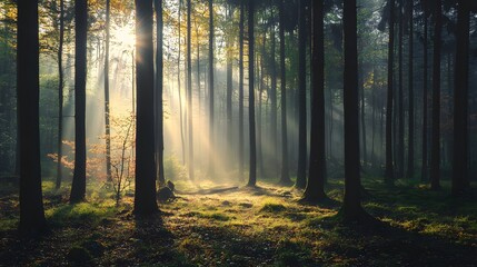 Obraz premium Sunlight streams through the trees in a misty forest, illuminating the path ahead.