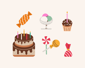 Set of sweets for birthday. Color illustration.