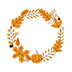 Hand-drawn autumn wreath. Fall floral frame made of leaves and berries. Vector seasonal design element.
