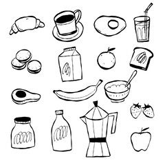 Set of hand-drawn breakfast food doodles. Collection of morning meal icons including coffee, eggs, fruit, milk, and croissant. Vector sketch illustrations