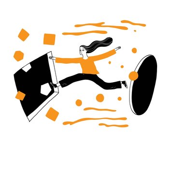 Character running into a portal with a screen. Abstract concept of digital detox, escape, or entering a new dimension. Vector illustration.