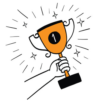 Hand holding number one winner's trophy.