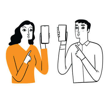 Man and woman holding and showing smartphones. Hand-drawn characters interacting with mobile phones, concept for payment, app, or sharing.