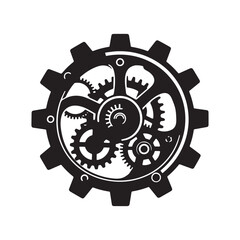 Black and White Steampunk Industrial Gear with Vintage Clockwork and Detailed Cog Design. 