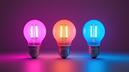 Row of vibrant LED bulbs emitting pink, orange, & blue light on smooth surface
