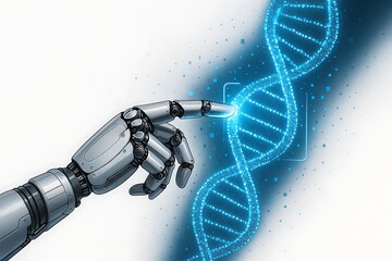 Robotic Hand Scanning a Digital DNA Helix — White Background, Biotechnology Theme, Photorealistic AI Medical Technology Illustration