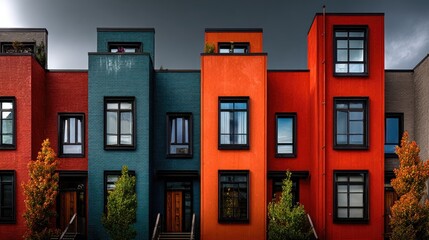 Obraz premium Row of colorful townhouses under a dramatic sky.