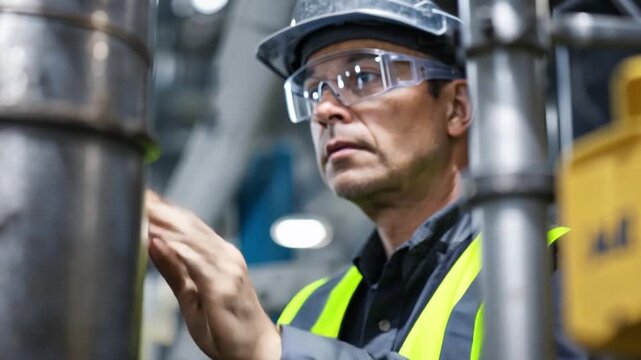 Maintenance engineer examining a pipe with a horizontal bar structure, a scene of hard-working detail.