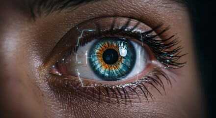 Fototapeta premium close up of eye, A close-up of a multi-colored eye (blue/green/amber) with a digital overlay frame and a padlock icon at the center of the pupil, signifying security or biometrics. 