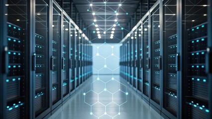 Blockchain for business operations. Futuristic data center with rows of servers and a digital overlay of hexagonal patterns.