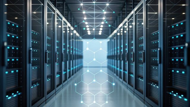 Blockchain for business operations. Futuristic data center with rows of servers and a digital overlay of hexagonal patterns.