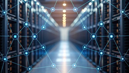 Blockchain for business operations. Futuristic data center with interconnected nodes and glowing lights in a digital environment.