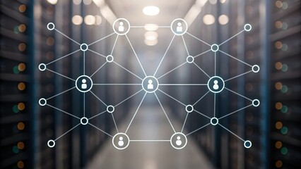 Blockchain for business operations. Digital network graphic superimposed on a server room background.