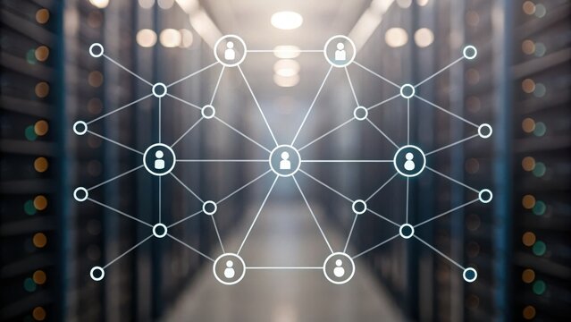 Blockchain for business operations. Digital network graphic superimposed on a server room background.