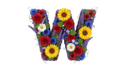 Flower Letter W Made of Red Roses Sunflowers Daisies and Purple Flowers on Transparent Background