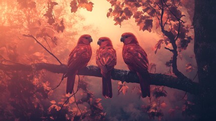 Three red parrots perched on a branch in a misty forest at sunset.